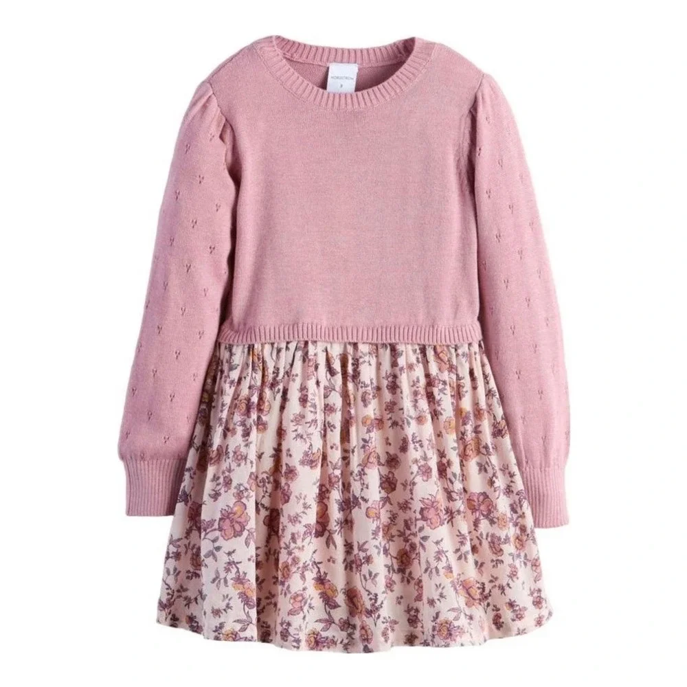 Nordstrom Sweater Dress Floral Mixed Media 5 Pink Long Sleeve Knit‎ Skirt